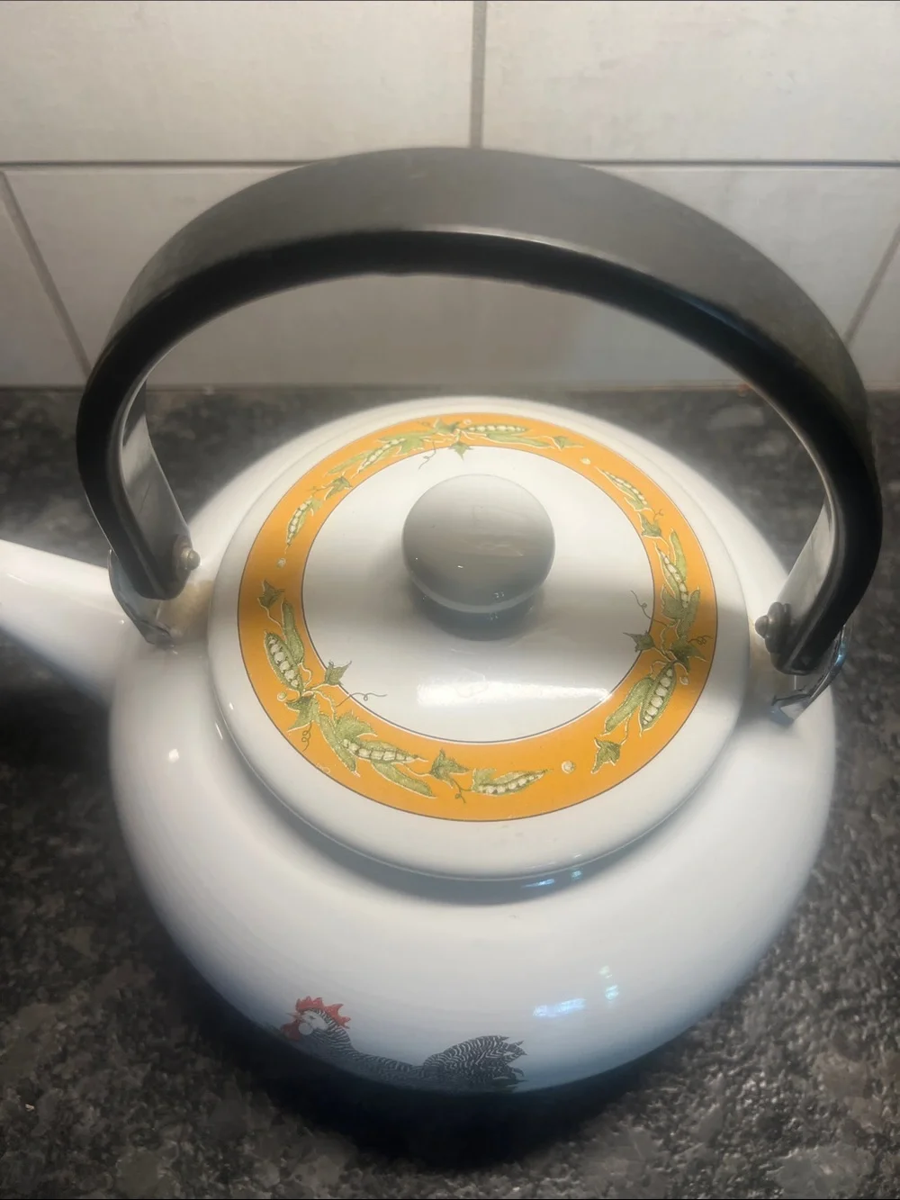 White Ceramic Teapot with Rooster Motif and Black Handle. Looks new without tags